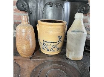 Lot Of 3 Vintage Pottery - Deer Decorated Crock Etc (#3900 Kitchen)