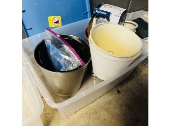Bin Lot With Lamp Shades, Metal Containers, Shower Head (Basement)