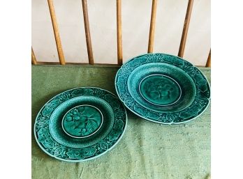 Set Of Two Signed Green Majolica Pottery Pieces (Bedroom 5)