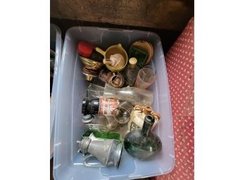 Misc Glass Bottles And 2 Silver Plated Pitchers Tote (barn)