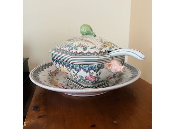 Signed Hand Painted Large Tureen With Ladle And Dish (Library)