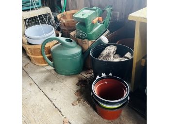 Garden Lot: Plastic Planters, Watering Can, Bird Feeders, Etc. (Garage Room C)