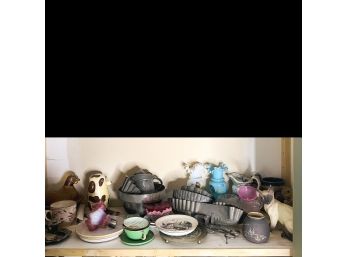 Shelf Lot: Vintage Ceramic Figures, Tins, Dishes, Etc. (Office)