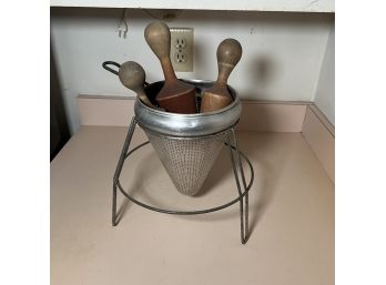 Vintage Kitchen Cone Strainer With Wooden Pestles (kitchen)