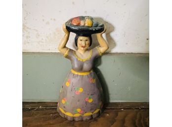 Vintage Woman With Fruit Basket Cast Iron Door Stop (Office)