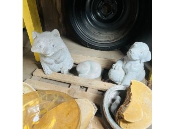 Set Of Three Lawn Statues: Raccoon, Sleepy Kitty And Puppy (Garage Room C)