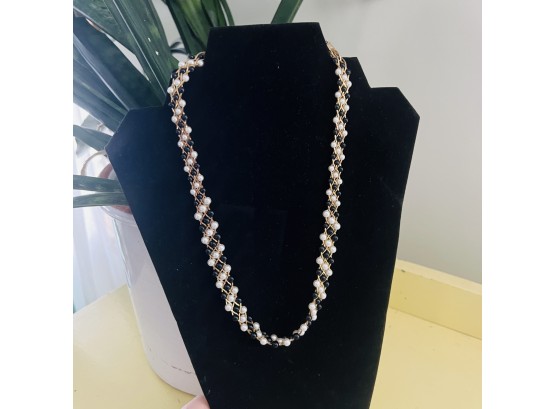 Pearl And Black Bead Woven Necklace