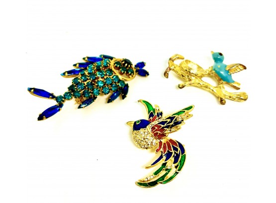 Set Of Three Vintage Pins - Fish And Two Birds