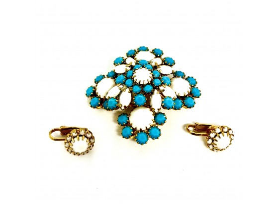 Costume Jewelry Pin With Matching Lever Back Earrings