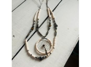 Silver Beaded And Shell Dream Catcher Necklace