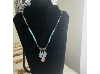 Silver Tone And Turquoise Beaded Necklace With Firebird Pendant