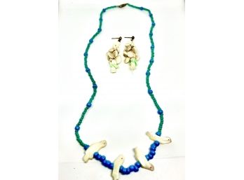 Beaded Puka Shell And Mother Of Pearl Necklace And Earring Set