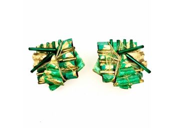 Signed Hand Crafted Corrugated Earrings In Gold And Emerald Green