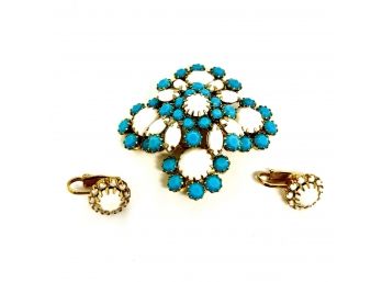 Costume Jewelry Pin With Matching Lever Back Earrings