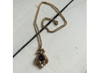 Avon Gold Tone And Amethyst Heart Necklace