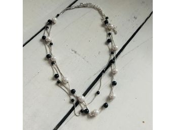Silver Tone, Pearl And Black Beaded Multi-strand Necklace