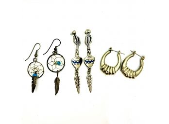 Silver Tone Earrings With Native American Theme
