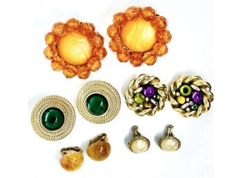 Set Of Clip On Earrings - Gold Tone With Oranges, Green, Purple