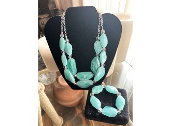 Turquoise Glass Beaded Costume Necklace And Bracelet