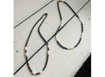 Set Of Two Silver, Black And Pearl Necklaces