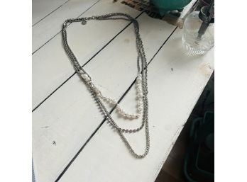 Long Necklace With Pearl Accents And Silver Tone Strands