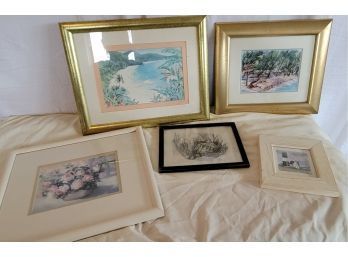 Set Of 5 Framed Pieces Of Art Multiple Sizes