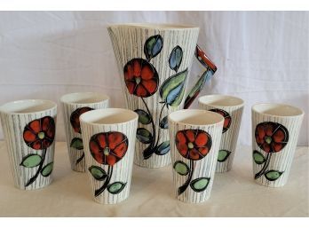 Ceramic Poppy Flower Pitcher With 6 Cups