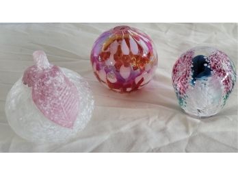 (Set Of 3) 1 Glass Paperweight Plus 2 Other Glass Decor Items
