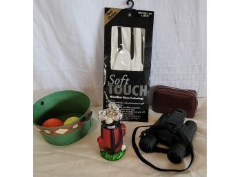 Golf Ornament- Golf Gloves- Bushnell Binoculars- Shoe Polish Kit (Bin 7)