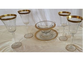Set Of 4 Tiffin Franciscan MINTON Gold Encrusted Wine Glasses Plus Dressing Dish And Ladle