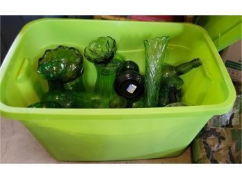 Bin Full Of Green Tones Glass Plates Bowls Vases And More