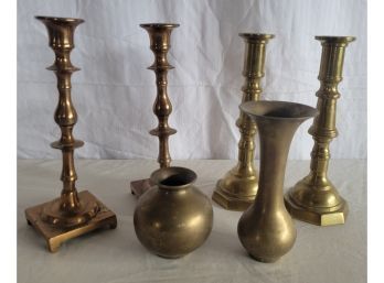 Brass Or Copper Candlesticks And Vases (Bin 17)