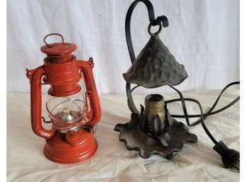 Vintage Leviton Flower Metal Lamp And Winged Wheel 350 Red Oil Lantern