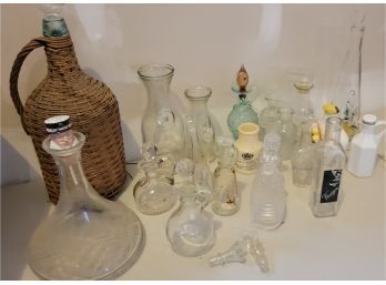 Glassware Lot Of Pitchers- Carafes -other Clear Bottles-Wicker Covered Bottle