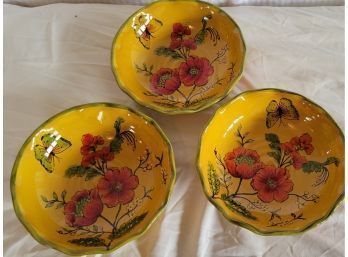 3 Yellow Bowls With Red Flowers