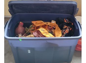 Large Tote Of Fall Harvest Thanksgiving Decorations Plus A Few Costumes