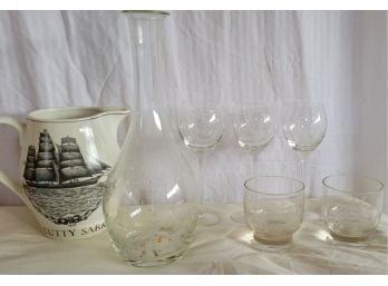 Cutty Sark Pitcher Glasses And Glass Pitcher Lot