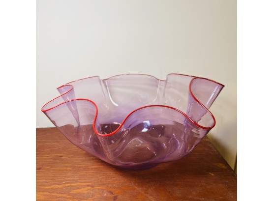 Purple Artist Signed Handblown Glass Bowl With Wavy Edges