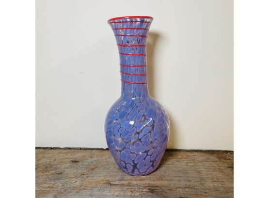 Signed Art Glass Vase With Purple Speckles And Red Accent