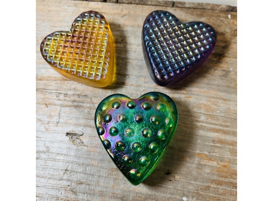 Set Of Three Iridescent Robert Held Signed Art Glass Heart Paperweights