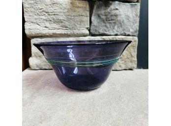 Signed Art Glass Bowl In Purple With Aqua Stripes