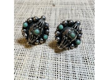 Sterling Silver Screw Back Earrings With Turquoise Colored Beads