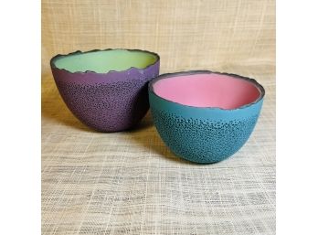 Pair Of Colorful Pottery Bowls Signed 'ER'