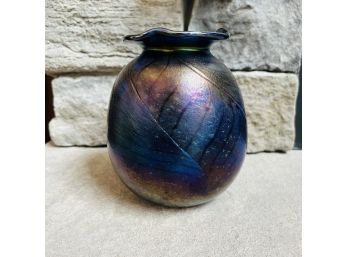 Garry Nash Iridescent Art Glass Vase With Leaf Motif