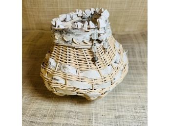 Lynne Puhalla Studios Basket - Glazed Stoneware Woven With Reed And Birchbark With Beads