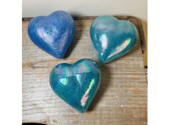 Blue And Teal Iridescent Glass Hearts - Set Of Three