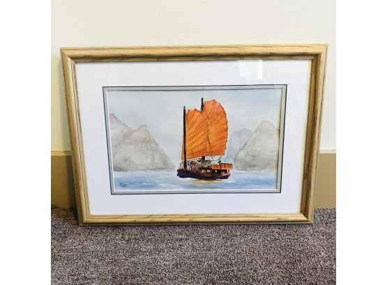 Original Watercolor: Boat With Orange Sails