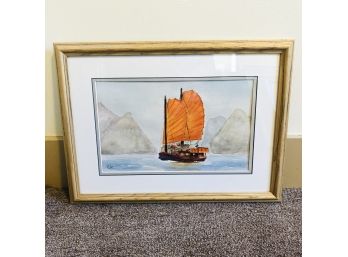 Original Watercolor: Boat With Orange Sails