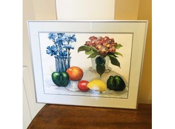 Original Watercolor: Still Life With Lemon And Flowers