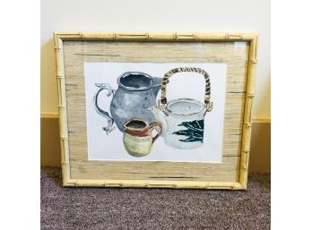 Original Watercolor: Pitchers And Pot With Bamboo Frame